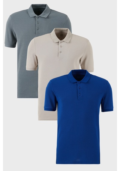 Buratti Pamuklu Regular Fit Düğmeli Polo Yaka 3'Lü Paket Erkek T Shirt 5902127S3 Saks-Açık Haki-Kül