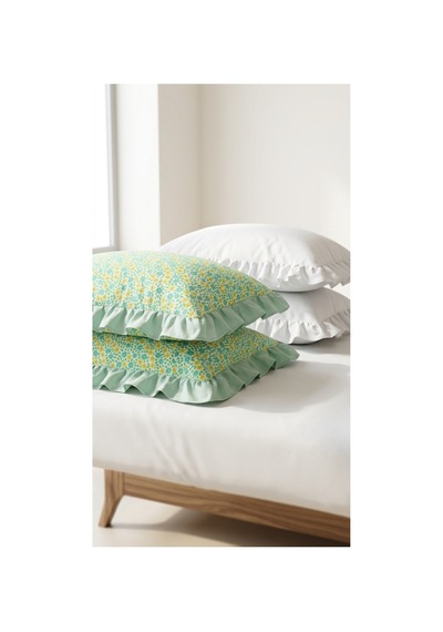 %100 Pamuklu Çiçek Desenli Fırfırlı Yastık Kılıfı 2 Adet 50x70 Cm Mavi - 863744406 Mavi