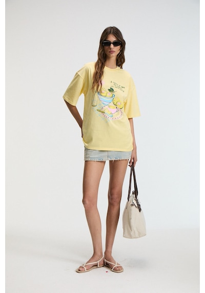 Grımelange NITZA Kadın %100 Pamuk Oversize Bisiklet Yaka Sarı T-Shirt Grımelange NITZA Kadın %100 Pamuk Oversize Bisiklet Yaka Sarı T-Shirt