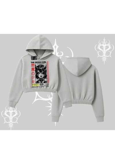 Startmore Kapşonlu Crop Sweatshirt Anime Devils Girl Japanese Style Baskılı Gri