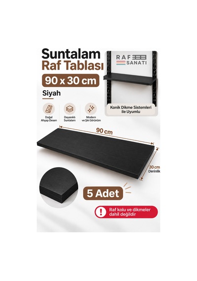 5 Li Set - 90x30 Cm Suntalam Mağaza Rafı Siyah Geniş Ahşap Raf Tablası Konik Dikme Uyumlu