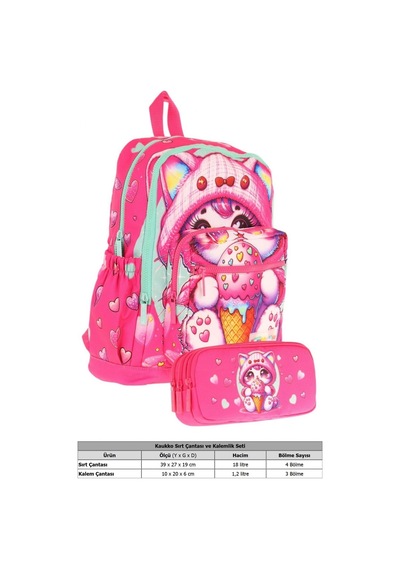 Kaukko Kids Layer Kız Çocuk Okul Çantası + Kalem Çantası Seti Pembe - Dondurma Yiyen Kedi Pembe