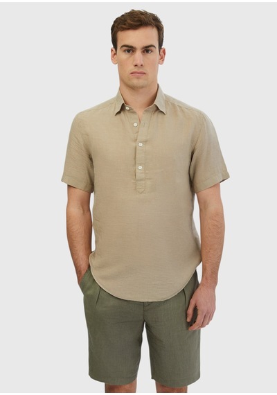 Ramsey Vizon Düz Casual Fit Kısa Dokuma Casual %100 Keten Gömlek vizon mink