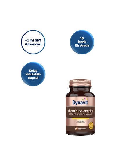 Dynavit Vitamin B Complex 50 Kapsül - B1, B2, B3, B5, B6, B12 Vitamini- Enerji