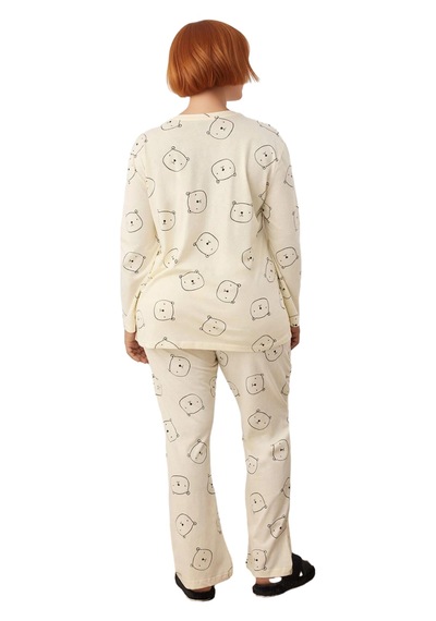 Ersefa Kadın Ayıcık Desenli Pamuklu Pijama Fonksiyonel Dayanıklı Kalitel ekru