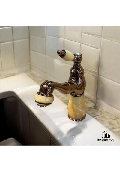 İsaoğlu Yapı Bakır Lavabo Bataryası Bronz Bal Mumu Detaylı Mermer Tasarım Spiralli Uzayabilen Armatür Bakır