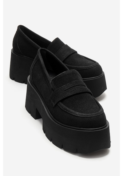 Luvishoes Santıa Siyah Süet Kadın Kalın Tabanlı Loafer Ayakkabı Siyah