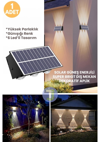 Technojet Solar Güneş Enerjili 6 Ledli Bahçe Aydınlatması Aplik Sarı Işık Led Lamba 1 Adet Siyah