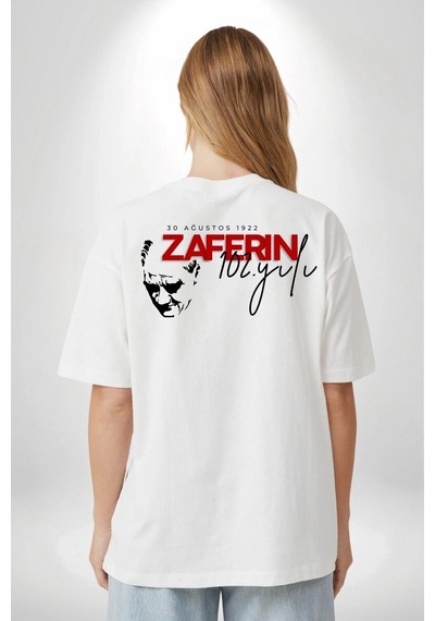 Mevese Peri 30 Ağustos Zafer Bayramı Atatürk Temalı Oversize Bisiklet Yaka T-shirt - Beyaz