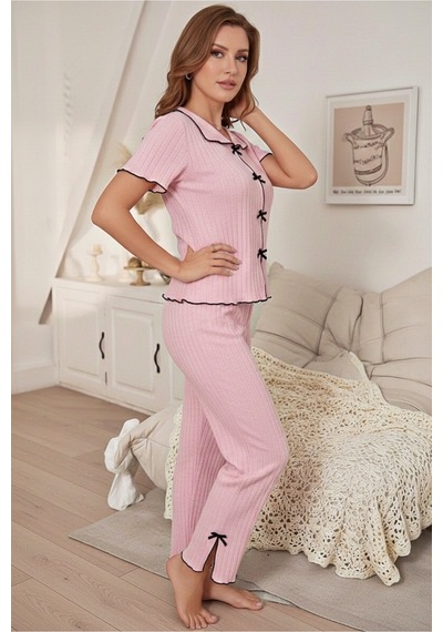Bella Notte Pembe Pamuklu Siyah Overlok Ve Fiyonk Detaylı Kısa Kollu Pijama Takımı