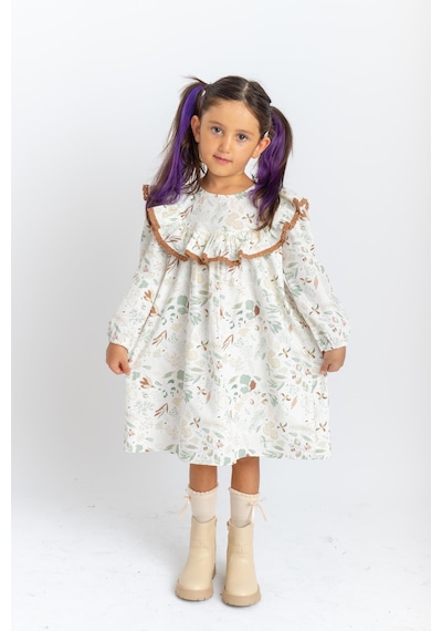 Oliventhekid Fırfırlı Dantelli Poplin Kız Çocuk Elbise Ekru Ekru