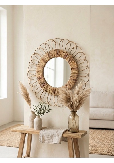 Hbs Art Design Doğal Hasır Örme Yuvarlak Duvar Aynası - Çiçek Motifli Boho Dekoratif Ayna Dış Çap: 55 Cm Açık Kahverengi Hbs Art Design Doğal Hasır Örme Yuvarlak Duvar Aynası - Çiçek Motifli Boho Dekoratif Ayna Dış Çap: 55 Cm Açık Kahverengi