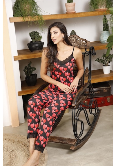 Myben Kadın Siyah Kalpli Ip Askılı Dantelli Pijama Takımı Siyah