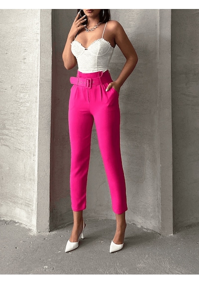 Ozer&Hermin Kemerli Havuç Pantolon - M / Fuşya Pembe