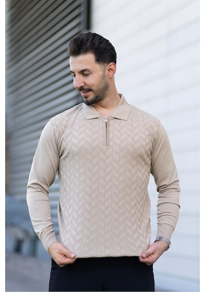 Hk Premium Erkek Triko Kazak Zikzak Desenli Polo Yaka Fermuarlı Slim Fit Bej
