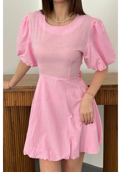 Duygudan Pembe Arkadan Bağlamalı Keten Elbise - Pembe Çok Renkli