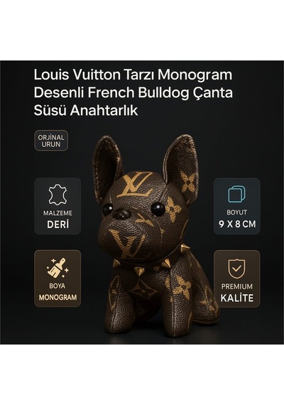 Nixcon Louis Vuitton Tarzı Monogram Desenli French Bulldog Çanta Süsü Anahtarlık Kahverengi - Altın