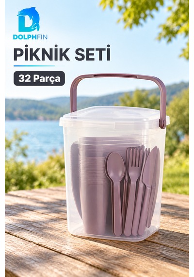 Piknik Seti 32 Parça 6 Kişilik Taşıma Kutulu Plastik Tabak Çatal Kaşık Seti Çok renkli