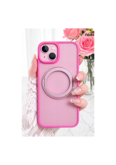 Fibaks iPhone 13/14/15 Uyumlu Kılıf 360 Metal Standlı Magsafe Mat Darbe Korumalı Pembe