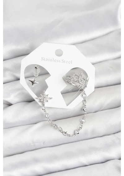 Kutup Yıldızı Model Pirinç Gümüş Renk Zincir Bağlantılı Ear Cuff Küpe Seti 11024558