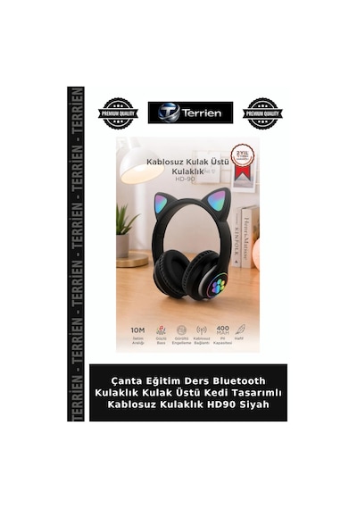 Çanta Eğitim Ders Bluetooth Kulaklık Kulak Üstü Kedi Tasarımlı Kablosuz Kulaklık Hd90 Siyah