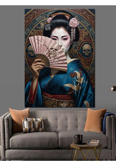 Ahşap Tablo Japon Geyşa Yelpaze Tutuyor