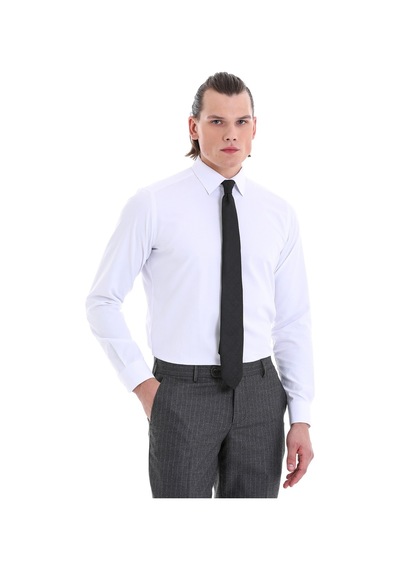 Hatemoğlu Beyaz Slim Fit Desenli Pamuklu Uzun Kollu Klasik Gömlek Beyaz