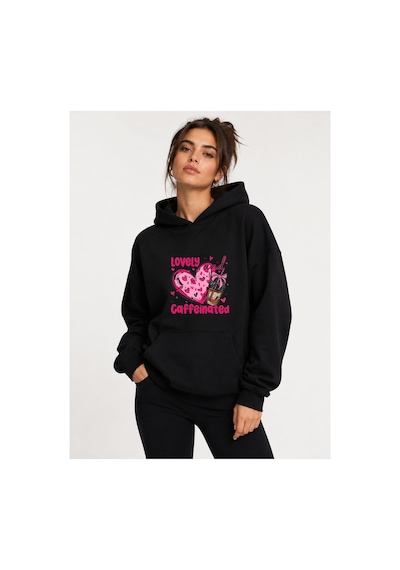 Herkesemoda Lovely Baskılı Kapüşonlu 2 İplik Şardonlu Sweatshirt Siyah