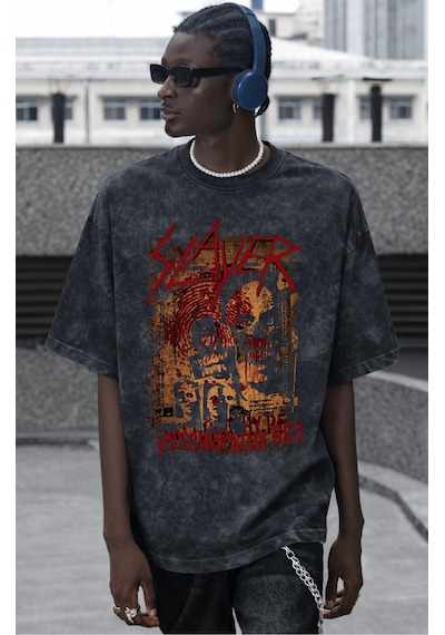 Slayer Rock Metal Müzik Grubu Baskılı Unisex Oversize Vintage Yık Siyah