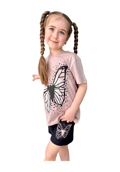 Riccotarz Kız Çocuk Kara Kalem Kelebek Baskılı Penye Pudra T-shirt Şortlu Takım Pudra