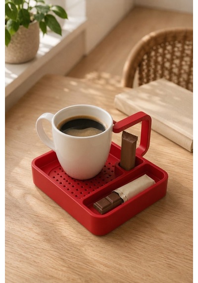 Kahve Sunum Tepsisi Çok Bölmeli Masa Üstü Organizer Kupa Fincan Standı Pla 12.5x11x7 Cm Kırmızı