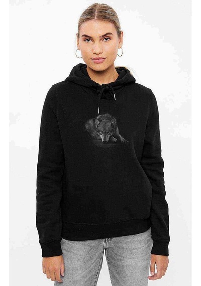 Sad Wolf Baskılı Siyah Kadın Kapşonlu Sweashirt