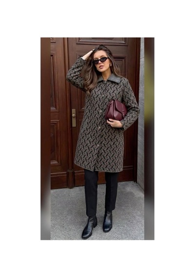 Onno Style Women Desenli Çelik Örgü Uzun Triko Kadın Kaban Gri