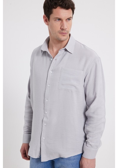 Tudors Erkek Relax Fit Rahat Kesim Oversize Müslin Viskon Pamuklu Tek Cepli Düz Gri Gömlek-42676