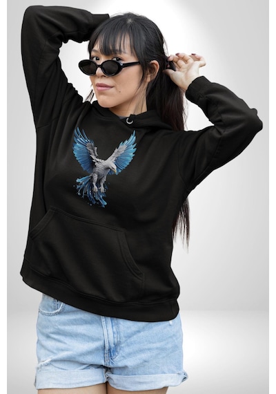 Mavi Beyaz Kartal Kuş Kadın Erkek Siyah Kapüşonlu Sweatshirt Hoodie Siyah