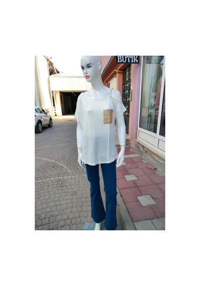 Çınar Boutique Omzu Açık Pamuklu Tişört Beyaz Beyaz