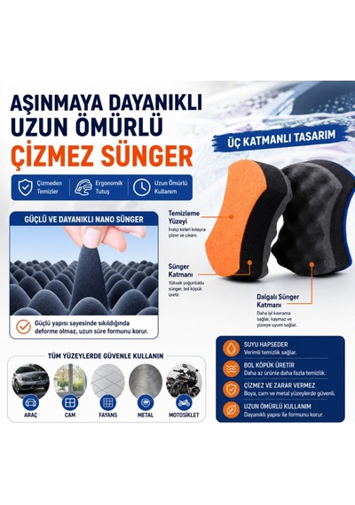 Polham Yeni Nesil Araç Yıkama Köpük Süngeri Çizmez Sünger, Bol Köpük Üreten Yumuşak Dokulu Temizlik Süngeri