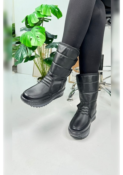 Nstil Alves Unisex Kadın - Erkek - Çocuk Kar Botu İçi Kürklü Cırt Cırtlı Kaymaz Taban Ayakkabı 802 Siyah