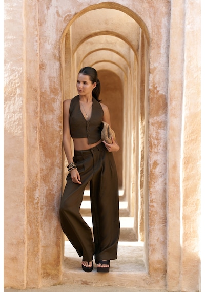 Mai Collection Mai Studios Co. Lvdovila Kahve Keten Crop Yelek Pantolon Takım Kahve