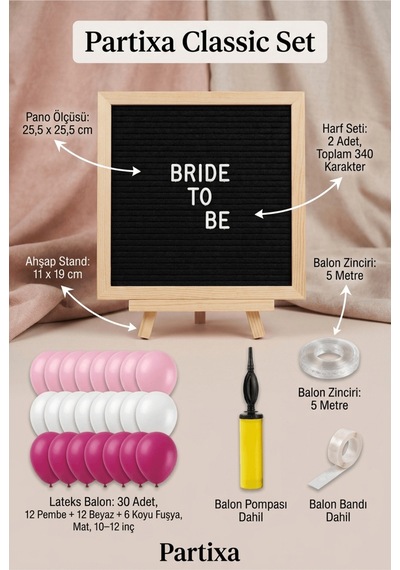 Bekarlığa Veda Bride To Be Süsleme Classic Set Siyah Keçe Yazı Panosu Standlı Balon Zincirli Tüm Yaşlar
