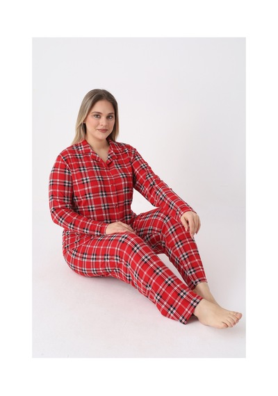 Estiva Kadın Kareli Kırmızı Önden Düğmeli Soft Battal Pijama Takımı Çok renkli