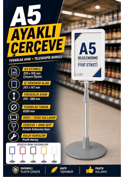 A5 Ayaklı Menü Ve Fiyat Bilgi Standı Yuvarlak Tabanlı Teleskopik Çerçeve Etiketlik Beyaz