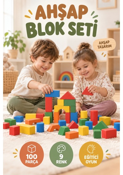 100 Parça Renkli Ahşap Blok Seti 9 Renkli Eğitici Yapı Oyuncağı Farklı Geometrik Şekilli Oyun Seti