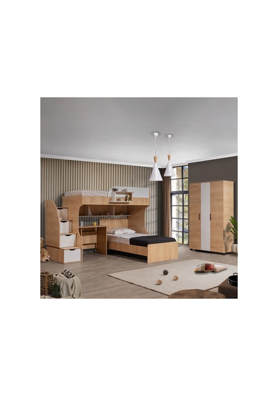 Ranza, Aura Ranza Karyola Masa 3 Kapaklı Dolap + 2 Comfort Yatak Ceviz - Beyaz 90 X 190 CM Ranza, Aura Ranza Karyola Masa 3 Kapaklı Dolap + 2 Comfort Yatak Ceviz - Beyaz 90 X 190 CM