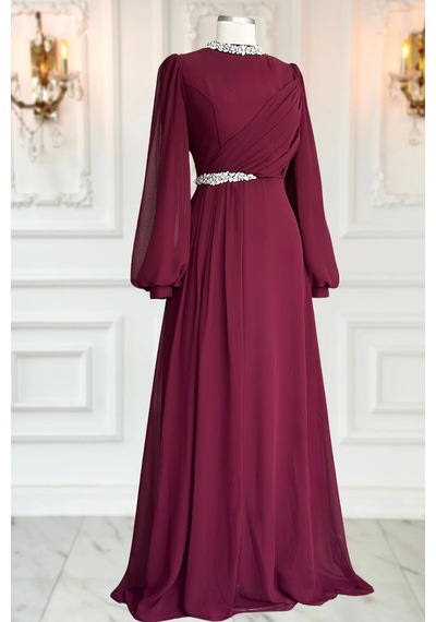 Amine Hüma Peri Abiye Elbise Bordo Bordo