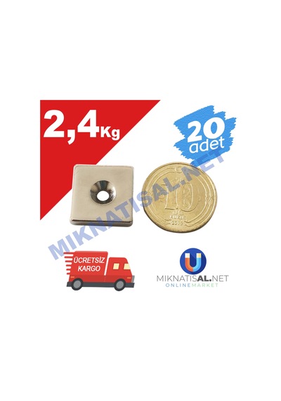 15X15X3Mm (6X3Mm) Havşalı Kare Güçlü Neodyum Mıknatıs 20 Adet