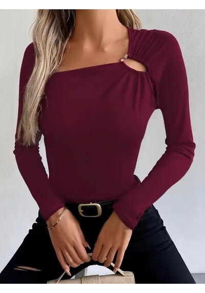 Ahes Shopping Kadın Uzun Kollu Yakadan Halka Detaylı Viskon Bluz Bordo