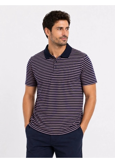 Novalisse Erkek Pike Kumaş Gül Kurusu Çizgili Polo Yaka Tişört Kısa Kol T-shirt - Siyah Çoklu Renk