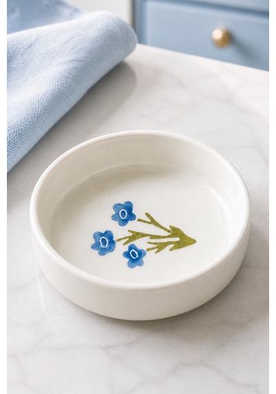 Blue Gift 4 Lü Seramik Kase Seti 10 Cm Çiçek Desenli Çerezlik Ve Sosluk Beyaz