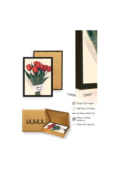 Doğal Ahşap Çerçeveli Retro Tablo - Kırmızı Lale Çiçek Desenli Huhu2795